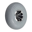 Close-up of the 3.00-4 (10x3, 260x85) Pneumatic Front Wheel Assembly for 4-Wheel Pride Scooters, showcasing the silver rim, black micro mag rim, and gray non-marking pneumatic tire.