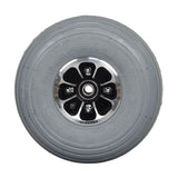 3.00-4 (10x3, 260x85) Pneumatic Front Wheel Assembly for 4-Wheel Pride Scooters featuring a gray non-marking tire on a stylish black micro mag rim, complete with spacer, washers, nuts, and bearings.