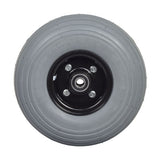 Pneumatic front wheel assembly for 4-wheel Pride scooters, featuring a gray non-marking tire and stylish black micro mag rim with spacers, washers, nuts, and bearings. Compatible with Pride Victory 10 model.