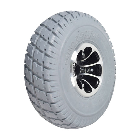 Close-up of the 3.00-4 (10x3, 260x85) Rear Wheel Assembly with Gray Pneumatic Tire for the Pride Celebrity X, Cyclone, & Victory 10 mobility scooters, highlighting the tread and black micro mag rim.