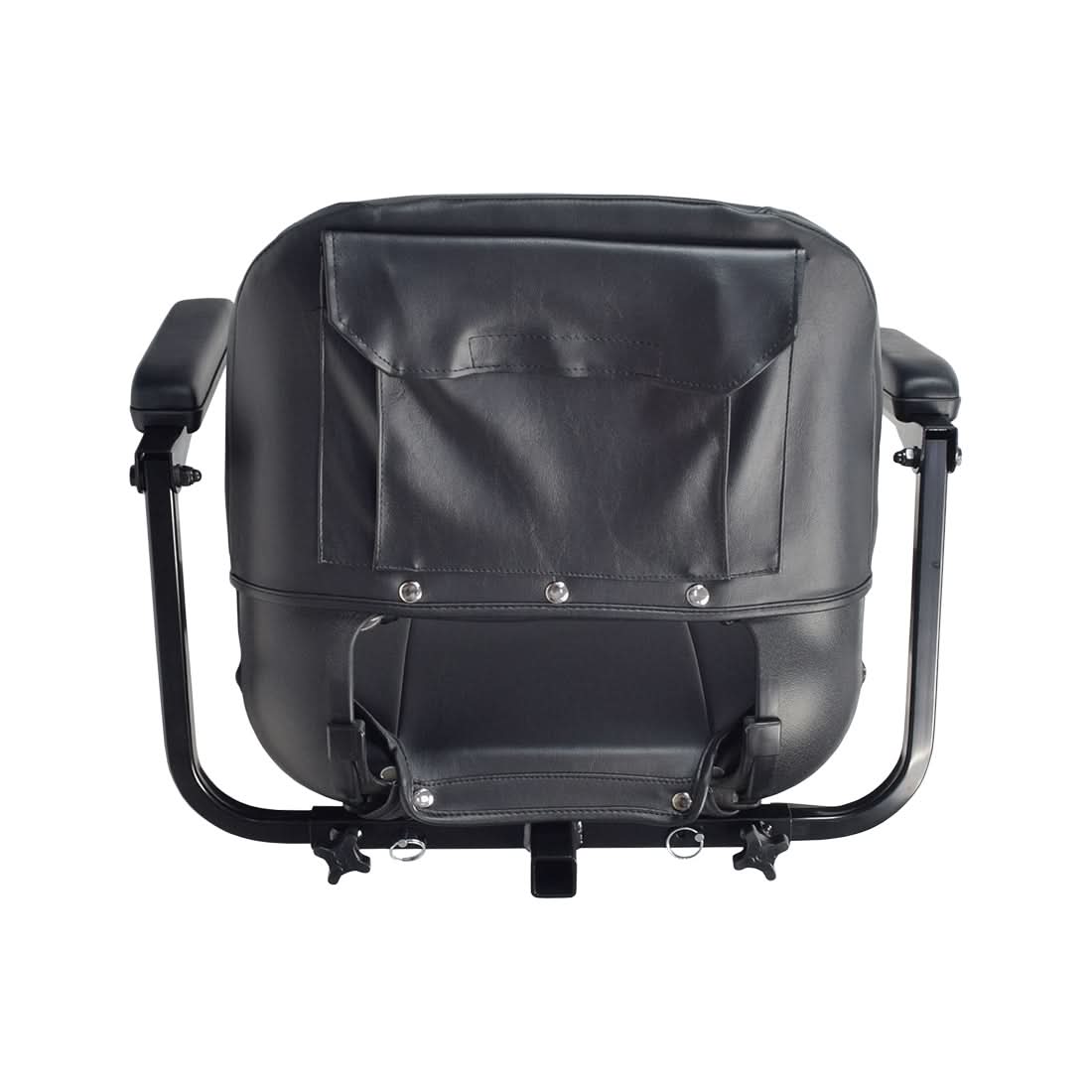 17 Wide Molded Seat Assembly for Go-Go and Pride Mobility Scooters (Blemished), featuring a black vinyl seat with minor scratches and tiny tears on the rear upholstery, shown with a pocket detail.