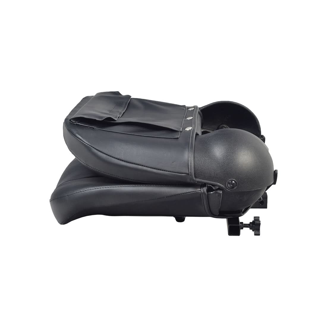 17 Wide Molded Seat Assembly for Go-Go and Pride Mobility Scooters (Blemished) showing a black leather seat with minor scrapes, scratches, and small tears in the upholstery.