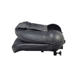 17 Wide Molded Seat Assembly for Go-Go and Pride Mobility Scooters (Blemished) showing a black leather seat with minor scrapes, scratches, and small tears in the upholstery.