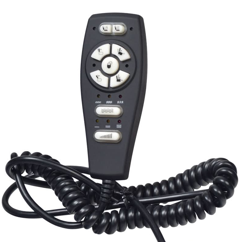 Hand Control Assembly for Pride LC-525 and LL-770 series & Mega Motion LC-100 Lift Chairs with Heat & Massage, featuring a remote control with buttons and an attached cable in a close-up view.