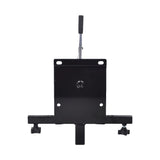 Seat Plate Assembly for Go-Go Scooters with 17x17 molded seat, featuring a black metal plate with holes, handle, armrest knobs, quick release pins, and adjustment components.