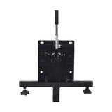 Seat Plate Assembly for Go-Go Scooters featuring a black metal piece with a handle, armrest knobs, quick release pins, and adjustment handle, designed for use with a 17x17 molded seat.