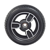8 Rear Wheel Assembly for the Jazzy Zero Turn, featuring a black tire with a silver rim, low profile design, and pre-installed bearings. Ideal for mobility scooter rear wheel replacement.