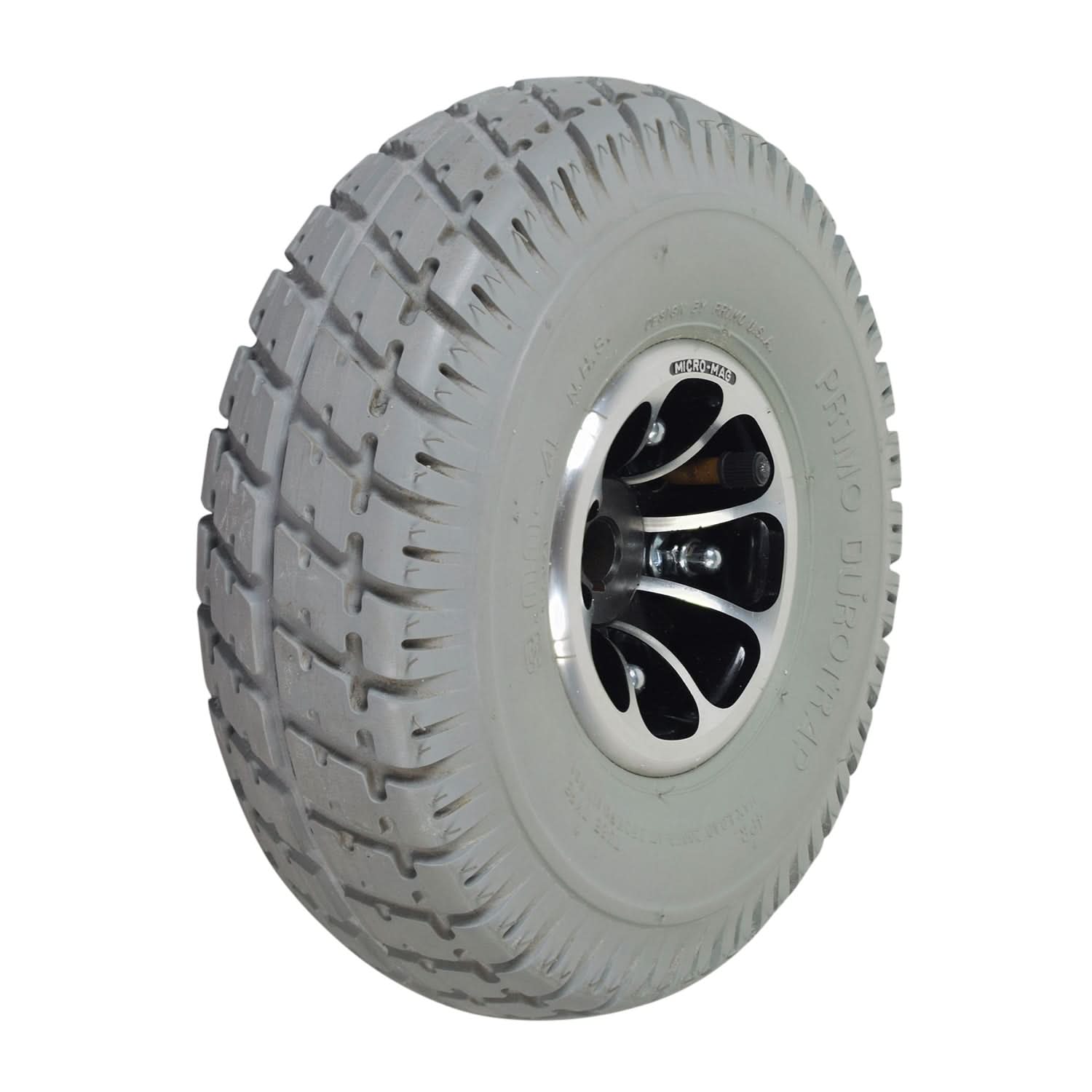 Close-up of the 3.00-4 (10x3, 260x85) Pneumatic Drive Wheel Assembly for Jazzy and Jet Power Chairs, featuring a black tire with a split silver rim design.