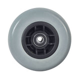 5x1.75 Flat-Free Caster Wheel Assembly for Jazzy Select Traveller, Z-Chair, and Go-Go Go-Chair Power Chairs, featuring a central hole, black rim, gray tire, offset design, with bearings and spacer.