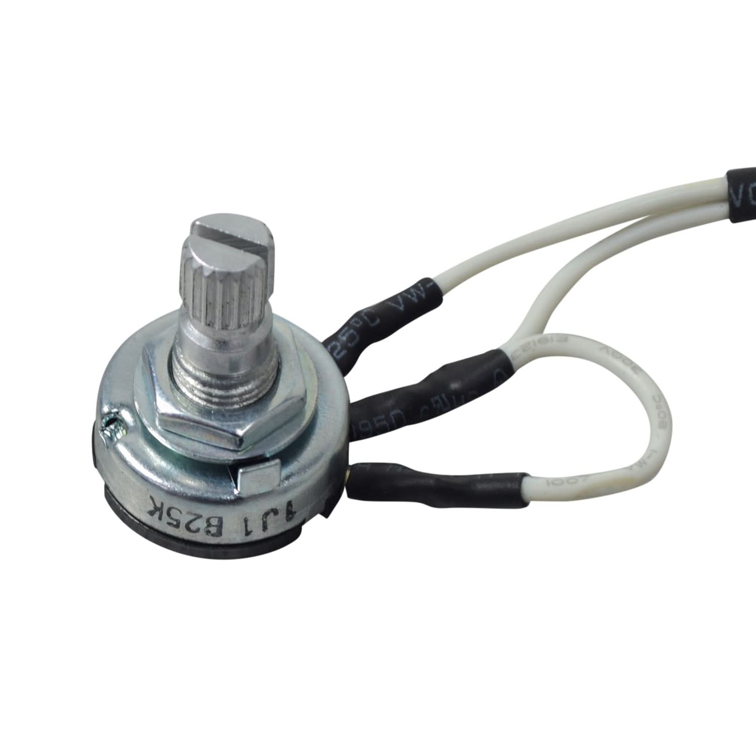 Close-up of the Speed Potentiometer for the Pride Hurricane PMV5001 and Legend XL SC3450, highlighting its metal knob and connected white and black cable.