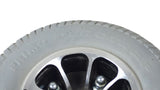 Flat Free Rear Wheel Assembly for the Pride Revo (SC60/SC63/SC64) mobility scooter, featuring a black and polished metal Micro Mag rim with a gray 2.80 X 2.50 Primo Durotrap tire.