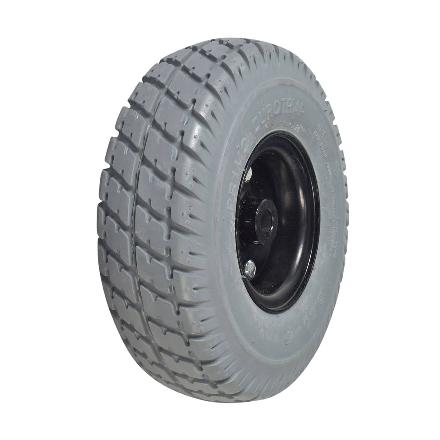 3.00-4 (10x3, 260x85) Flat-Free Drive Wheel Assembly for Jazzy Select power chairs (Feb. 2006 - Feb. 2010); close-up of a black rimmed wheel with visible tread.