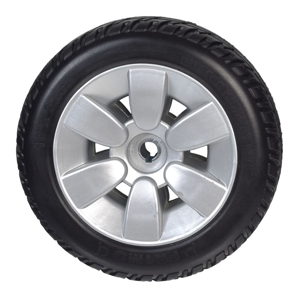 3.00-4 Flat-Free Drive Wheel Assembly with black tire for Jazzy Air, Select, & Select 6, featuring a silver rim and minor hub and rim scrapes from shipping.