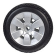 3.00-4 Flat-Free Drive Wheel Assembly with black tire for Jazzy Air, Select, & Select 6, featuring a silver rim and minor hub and rim scrapes from shipping.