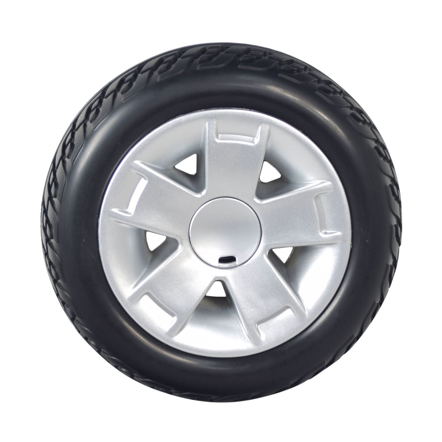 Front Wheel Assembly with Black Molded Tire for Pride Victory 9 4-Wheel Scooter (SC709), featuring a black tire with a silver rim and includes 6202-2RS bearings.
