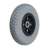 8x2 (200x50) Gray Flat-Free Rear Wheel Assembly for the Go-Go Travel Vehicle and Go-Chair, featuring a black plastic split rim and flat-free tire, ideal for easy tire changes.