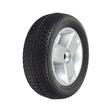 9x3 (2.80/2.50-4) Black Flat-Free Rear Wheel Assembly with Silver Tri-Spoke Rim for the Go-Go Elite Traveller Plus, Elite Traveller Plus HD, and Sport mobility scooters by Pride Mobility.
