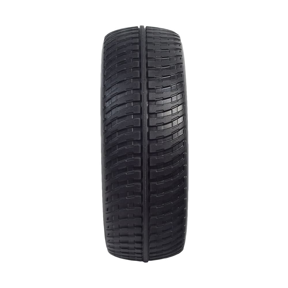 9x3 (2.80/2.50-4) Black Flat-Free Rear Wheel Assembly with Silver Tri-Spoke Rim for Go-Go Elite Traveller Plus, Elite Traveller Plus HD, and Sport mobility scooters, showcasing a close-up of the tire treads.