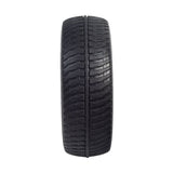 9x3 (2.80/2.50-4) Black Flat-Free Rear Wheel Assembly with Silver Tri-Spoke Rim for Go-Go Elite Traveller Plus, Elite Traveller Plus HD, and Sport mobility scooters, showcasing a close-up of the tire treads.