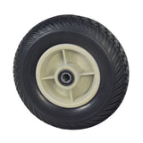 8x2 (200x50) Black Flat-Free Front Wheel Assembly with Silver Rim for the Go-Go Elite Traveller Plus (SC54) Mobility Scooter, featuring a black non-marking tire, silver rim, steel spacer, and wheel bearings.