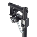 Elevating Leg Rest Style 12 with 8-1/2x6 Footplate for Jazzy and Jet Power Chairs, featuring a black metal frame with a bolt and a close-up of the metal handle and pipe.