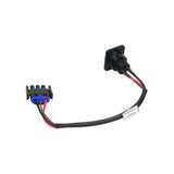 XLR Charging Port for Pride Celebrity X (SC4001) scooter, featuring attached 3-wire harness and connector, displayed up close with visible wires and a tag.