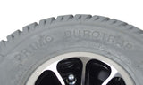 Close-up of the 3.00-4 (10x3) Flat-Free Rear Wheel Assembly for the Pride Celebrity 2000 (SC4400) and Legend (SC300) scooters, featuring a gray Primo Durotrap tire on a Micromag rim.