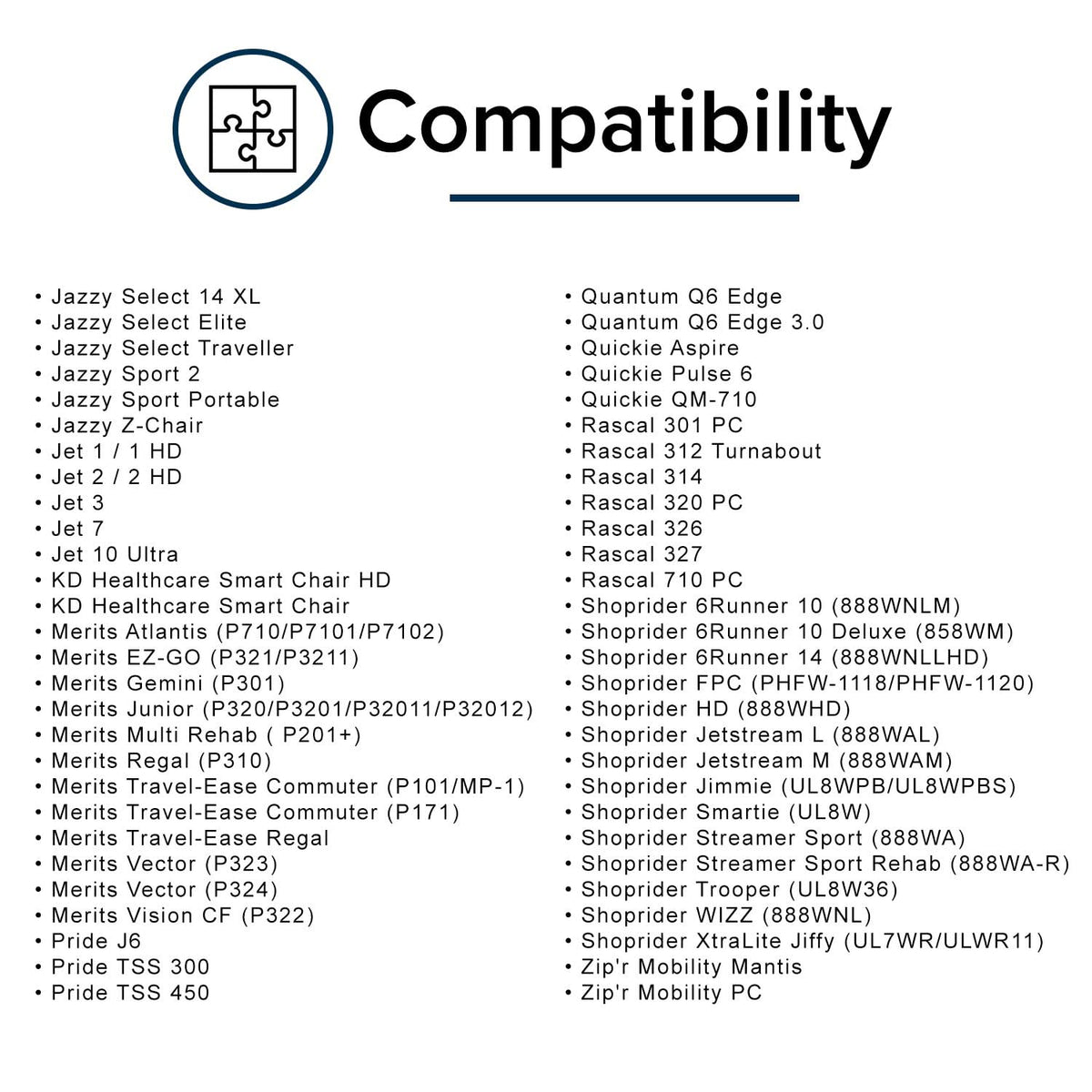 Compatibility list, part 2: Jazzy, Jet, KD Healthcare, Merits, Pride, Quantum, Quickie, Rascal, Shoprider and Zip'r Mobility power chair models