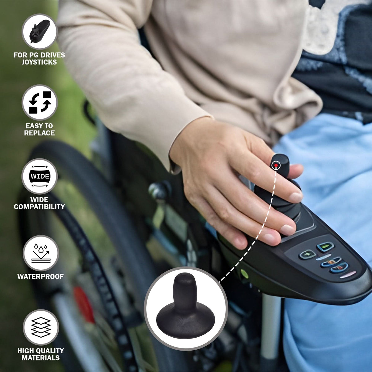 Power wheelchair user's hand on a PG Drives joystick fitted with the replacement knob, with icons: easy to replace, wide compatibility, waterproof, high quality materials