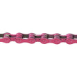 Pink 112 Link 1/2 x 1/8 Bike Chain with Master Link, featuring a plastic chain with two circular links and metalware. Ideal for single-speed bikes with a 9.3 mm width.