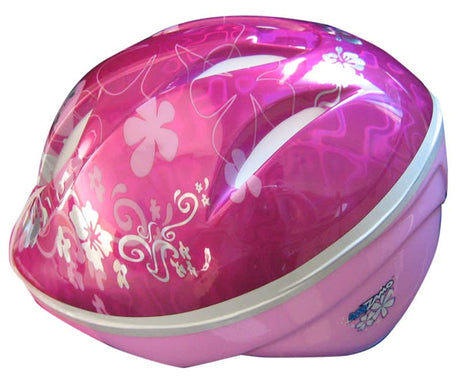 Pink Flowers Kids' Helmet for Bikes and Scooters by KidZamo, featuring white flower patterns, 11 vents, and adjustable fit for kids with 18-3/4 to 20-1/2 head diameter.