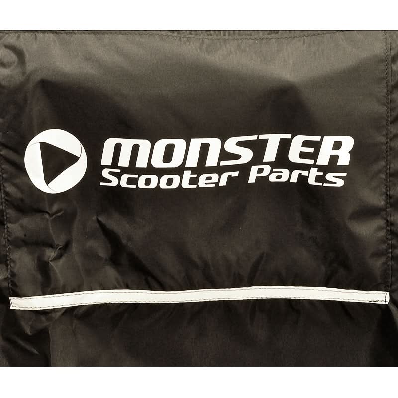 Power Chair Cover Universal Fit, black with white Monster Scooter Parts logo and a reflective safety strip, designed to fit various power chairs, featuring a tightening cord and built-in belt loops for secure attachment.