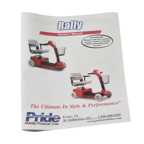 Owner's Manual for the Pride Rally (SC150/SC151/SC155) showcasing detailed specifications and troubleshooting advice, featuring images of a red scooter with a basket, close-ups of logos, and wheel illustrations.