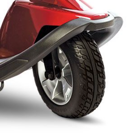 10.4" flat-free front wheel assembly for the 3-wheel Pride Victory 10.2 scooter, black foam-filled tire on 5-spoke silver rim (WHL138621)