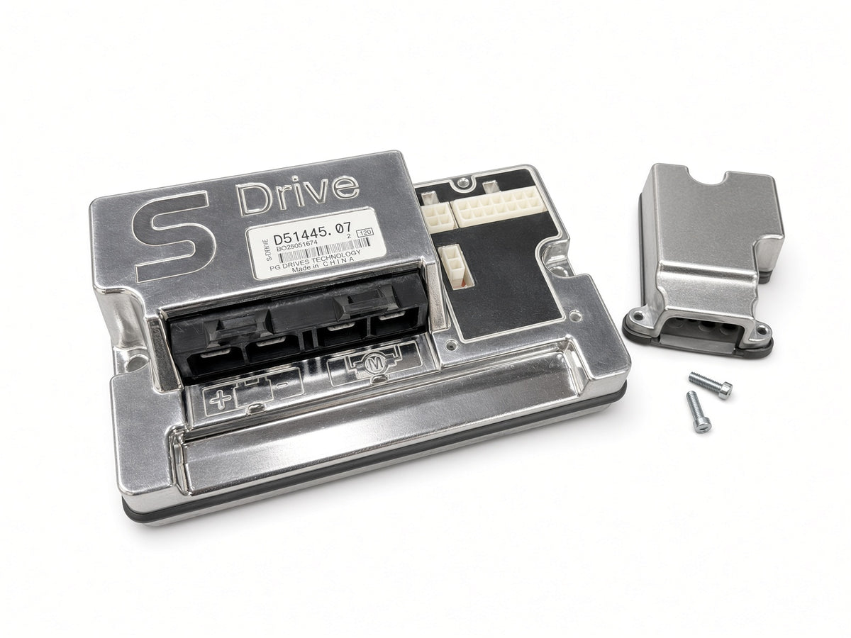 120 Amp S-Drive MKII controller D51445.07 (Pride CTL1806259) for Pride Wrangler MV600 and Baja Wrangler 2 BA400 scooters, shown with connector cover and screws