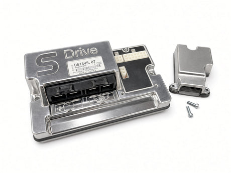 120 Amp S-Drive MKII controller D51445.07 (Pride CTL1806259) for Pride Wrangler MV600 and Baja Wrangler 2 BA400 scooters, shown with connector cover and screws