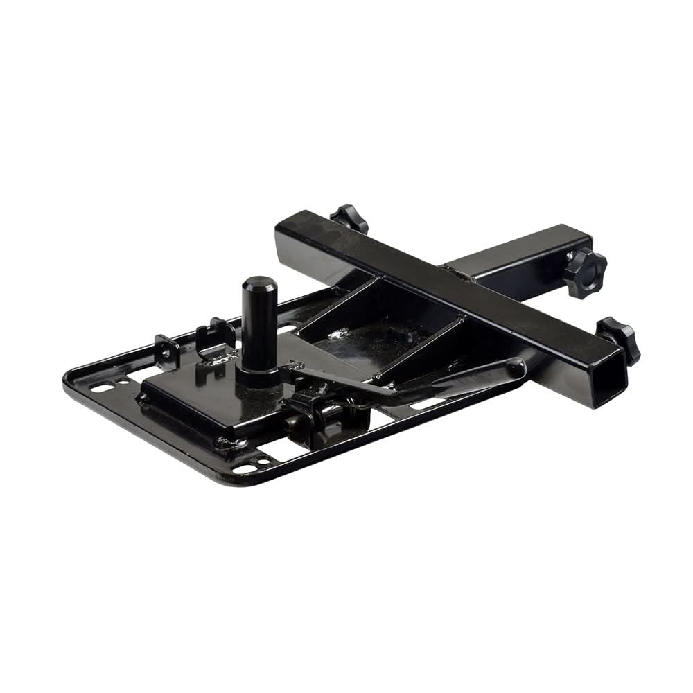 Seat Swivel Assembly with Pull-Up Handle for Golden Technologies Scooters, featuring a black metal structure with visible screws, two armrest bracket adjustment knobs, and one seat knob.