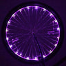 LED Bicycle Rim Spoke String Lights illuminating a bicycle wheel with vibrant purple LEDs, enhancing visibility. The lights are wrapped around the spokes, showcasing their steady and flash modes for added safety.