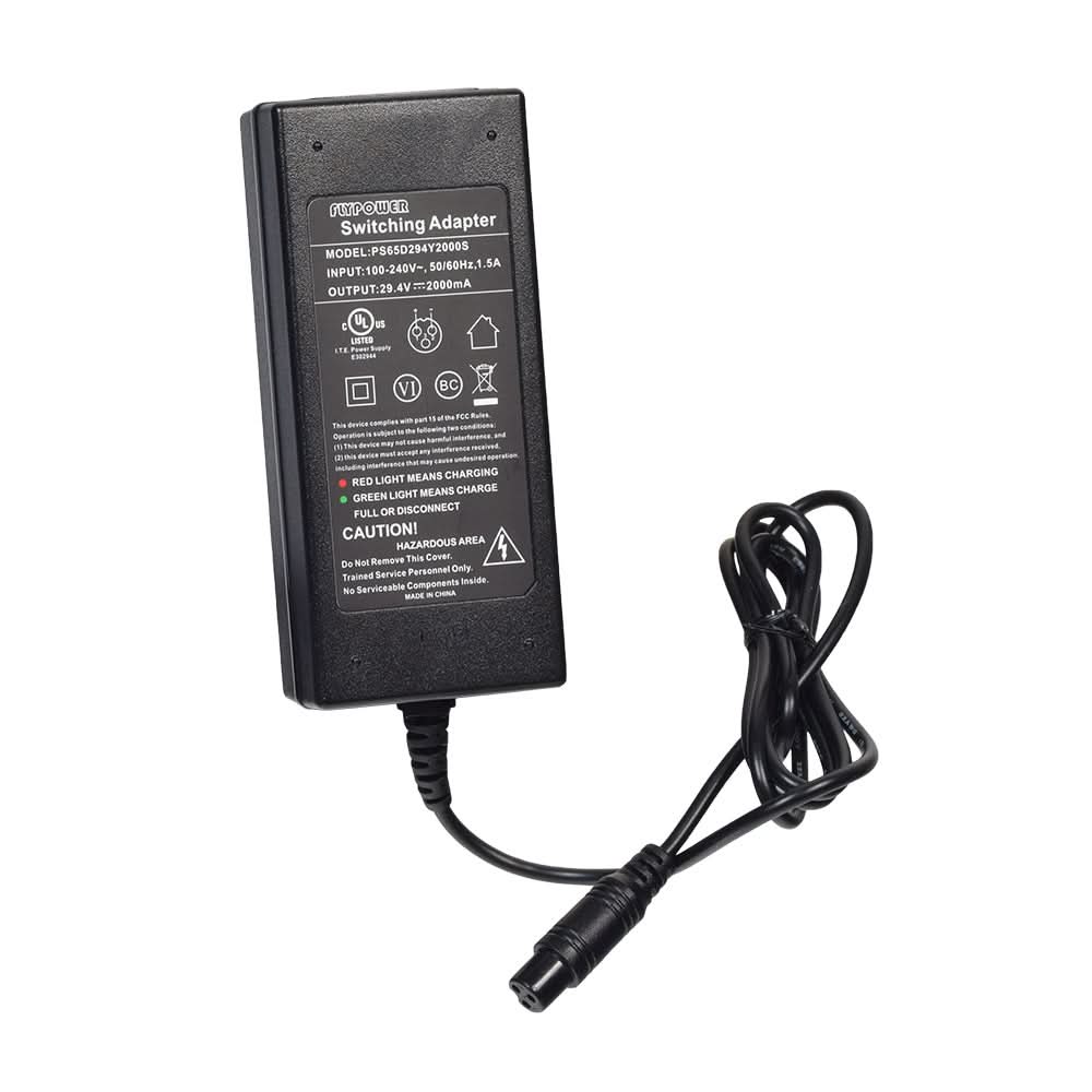 29 Volt Mini 3-Prong Lithium-ion Battery Charger for Swagtron T5 & T580 Hoverboards, featuring a black power adapter with cord and LED indicators for charging status.