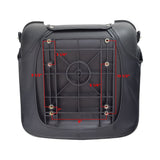 Seat Assembly for Invacare Leo Scooter, featuring a black vinyl seat base and back with red markings, designed for easy replacement without armrests or steel base plate.