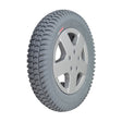 14x3 (3.00-8) Foam Filled Drive Wheel Assembly for Invacare 3G Storm Series, TDX SP, & TDX SI Power Chairs, featuring a gray Primo Powertrax tire on a 5-bolt silver rim.