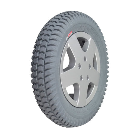 14x3 (3.00-8) Foam Filled Drive Wheel Assembly for Invacare 3G Storm Series, TDX SP, & TDX SI Power Chairs, featuring a gray Primo Powertrax tire on a 5-bolt silver rim.