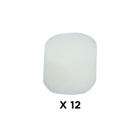 Invacare Foam Intake Filter for Aerosol Compressors (Pack of 12): A white square object labeled with black text, essential for keeping the air clear in various Invacare aerosol compressor models.