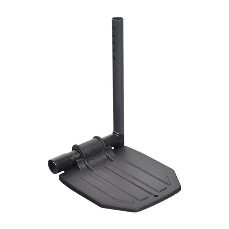 Black Pivot/Slide Tube Assembly with Aluminum Footplate for Invacare Nutron Series Power Chairs, featuring a long black pole, adjustable slide tube with five holes, and an 8x6 footplate.