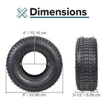 9x3-1/2 (9x3.50-4) Scooter Tire with visible spikes, designed for 3-1/2-4 wide rims, shown alongside a tire size chart and measurements for compatibility reference.