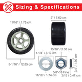 Super Slider POM Rear Wheels for the Razor Ground Force Drifter (Set of 2) shown with a central nut and detailed size chart for precise fitment on electric go-karts.
