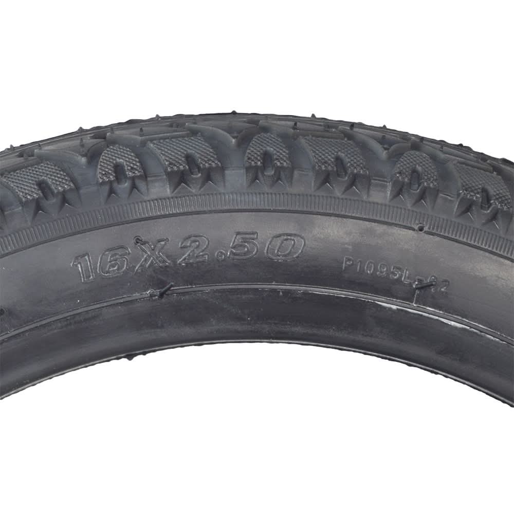 Close-up of a 16x2.50 (64-305) tire for X-Treme Electric Scooters & Bikes, showcasing its all-season tread pattern and directional arrows on the sidewall for correct mounting.