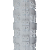 12-1/2x2-1/4 MX3 White BMX-Style Tire with visible knobby tread and distinctive holes, suitable for kid's bikes or small electric scooters, offering durability and style.