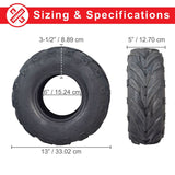 145/70-6 Tire with V-Tread for the Baja Blitz, Dirt Bug, Doodle Bug, & Racer Mini Bikes, showing size comparison and close-up of aggressive V-tread pattern, ideal for muddy conditions.