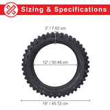 3.00-12 (80/100-12) Tire with JK620 Knobby Tread for Baja, Coolster, & Honda Dirt Bikes displayed with a size chart, showing detailed measurements and specifications.